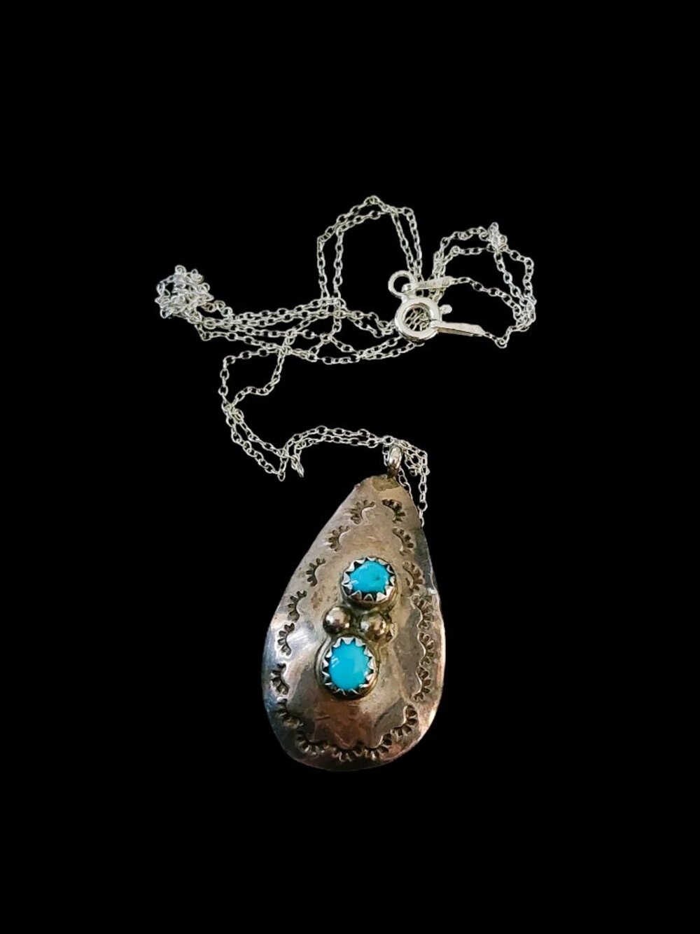 VTG Navajo 925 Sterling Silver Turquoise Pendant Necklace Lincoln Robert 1970s
